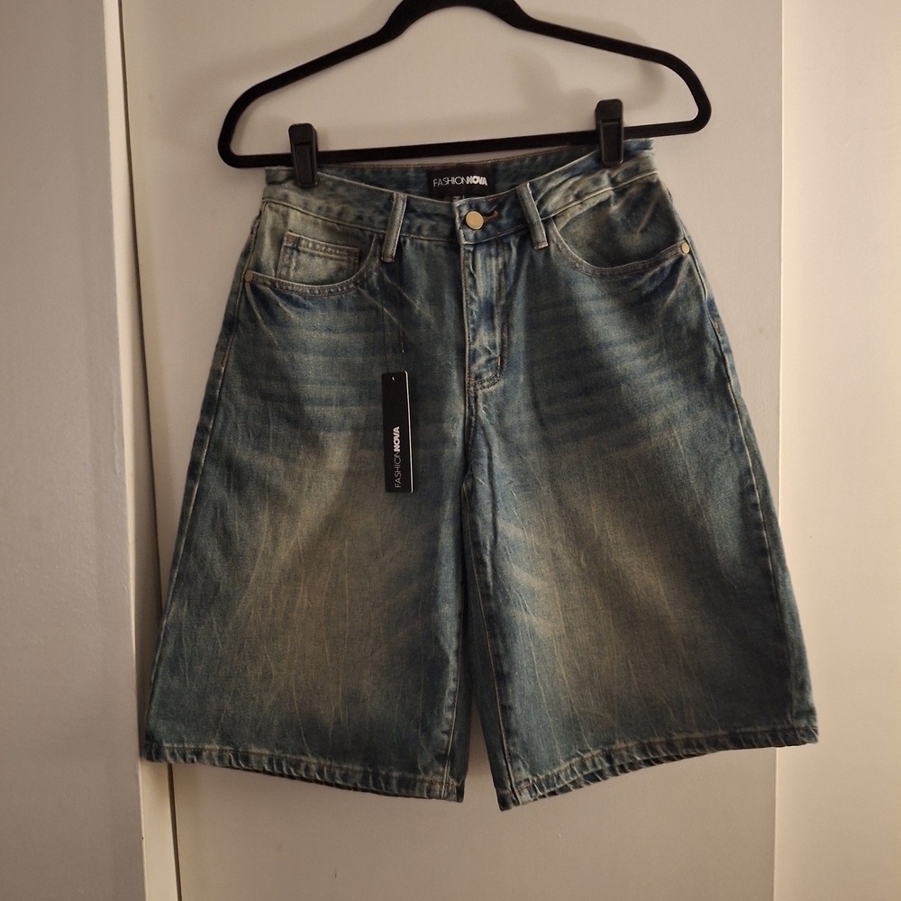 Fashion Nova Women's Wide Leg Distressed Blue Denim Shorts